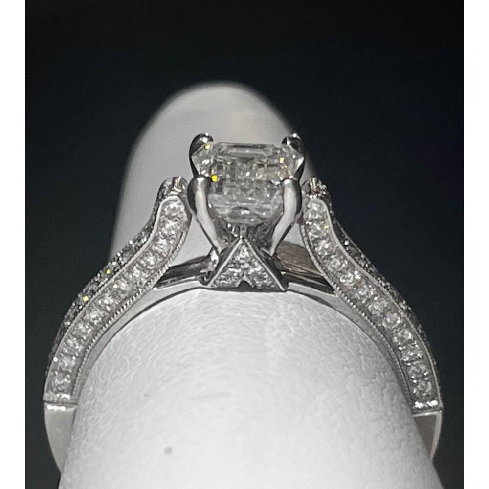 1.85 CTW Emerald Cut Hybrid Diamond Engagement Ring 18K White Gold Pave VVS2 F - Picture 6 of 6
